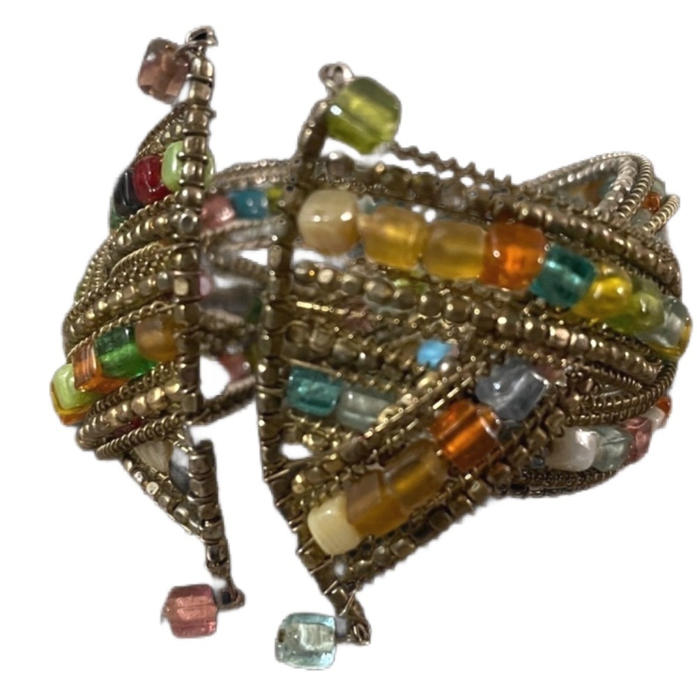 Multi Colored Beaded Cuff Bracelet Retro 90s Bohemian silver fash jewelry